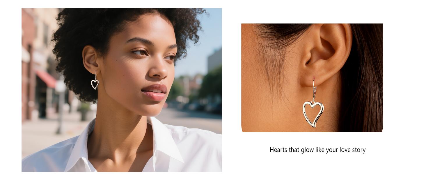 Silver Heart Earrings for Women 14K Gold Plated Openwork Love Heart Dangle Earrings Drop Hypoallergenic Leverback Huggie Hoop Earing for Women Trendy