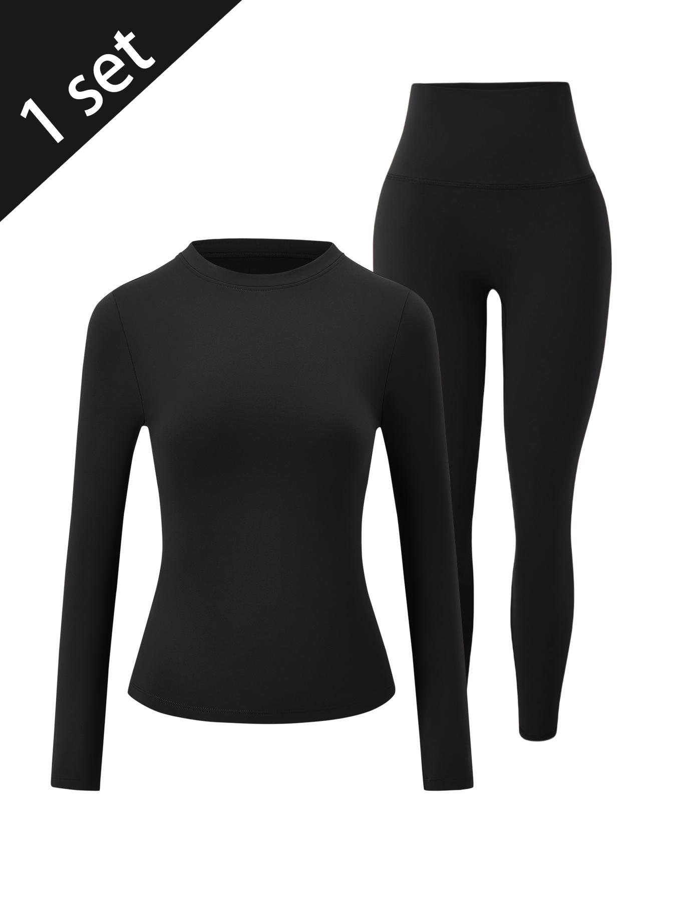 Women's Sporty, Solid Color Long Sleeve Tee & High Waist Skinny Pants, Comfortable Breathable Activewear for Yoga Gym Running, Sports Activewear Set