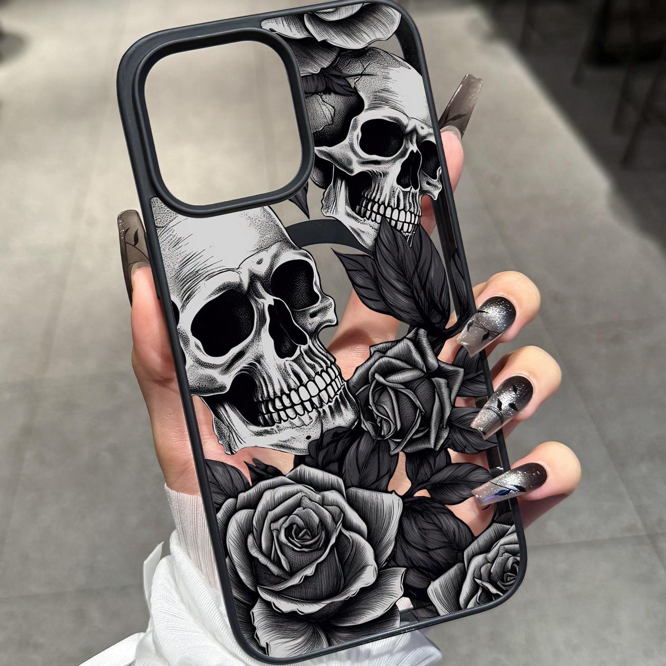 Monochrome Skull Rose Engraving Phone Case, Gothic Tattoo Art Full Coverage for iPhone 17 16 15 14 13 12 11 X Plus Pro Max, Alt Girl Gift