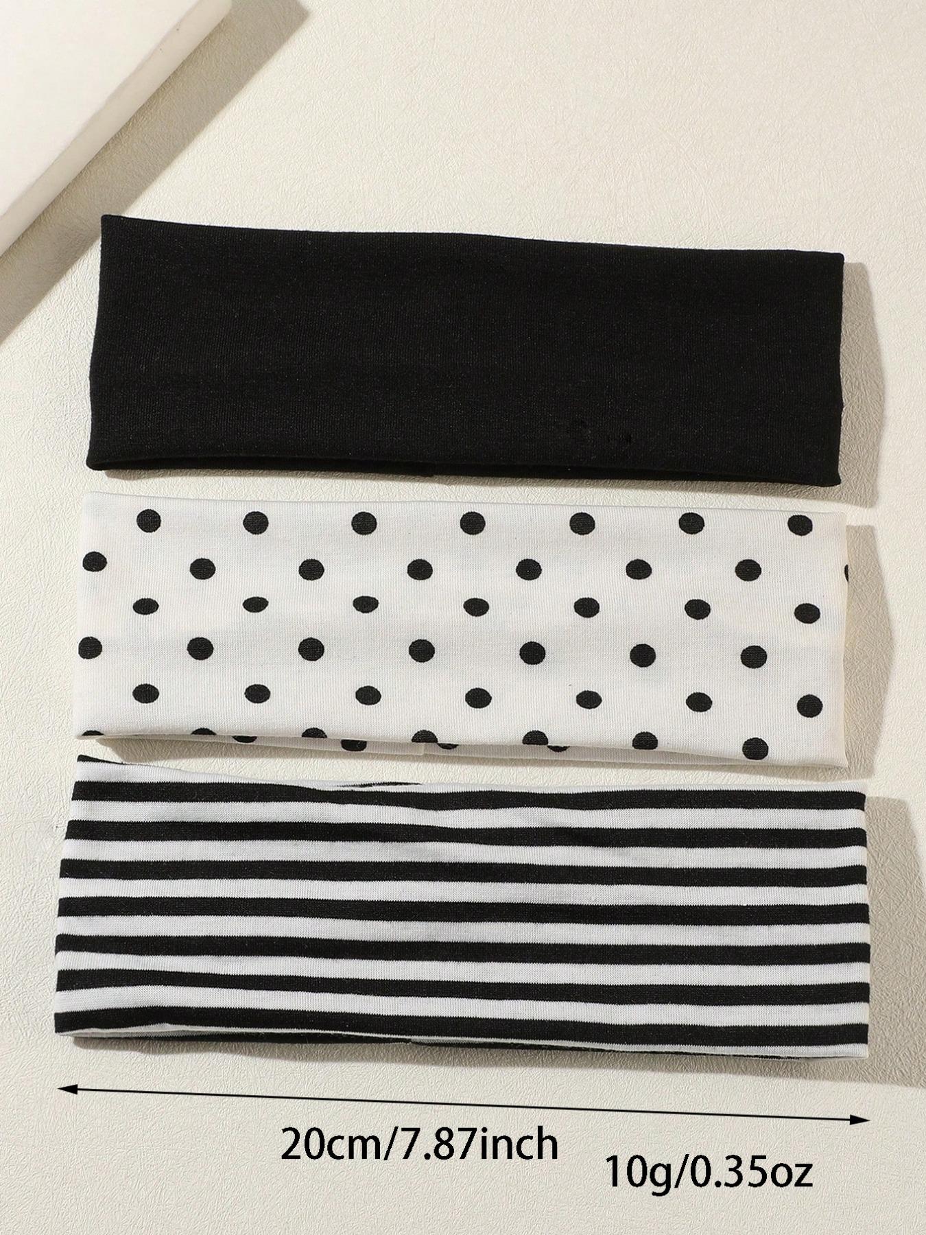 3pcs Black & White Polka Dot + Striped Elastic Sweatband, Suitable For Daily Life, Yoga, Workout, Travel, Women Hair Accessories Headbands For Women Fashion Head Wrap, School Stuff, College Autumn Accessories Women Hair Band