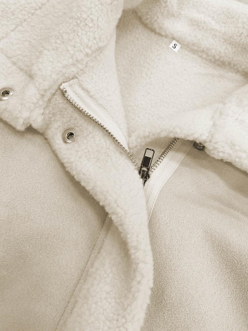 Women's casual loose fur coats, short lamb wool jackets, bomber jackets, flight jackets, with zipper closures, large lapels and side pocket designs, fashionable cold-resistant coats, street-style long-sleeved tops Outerwear