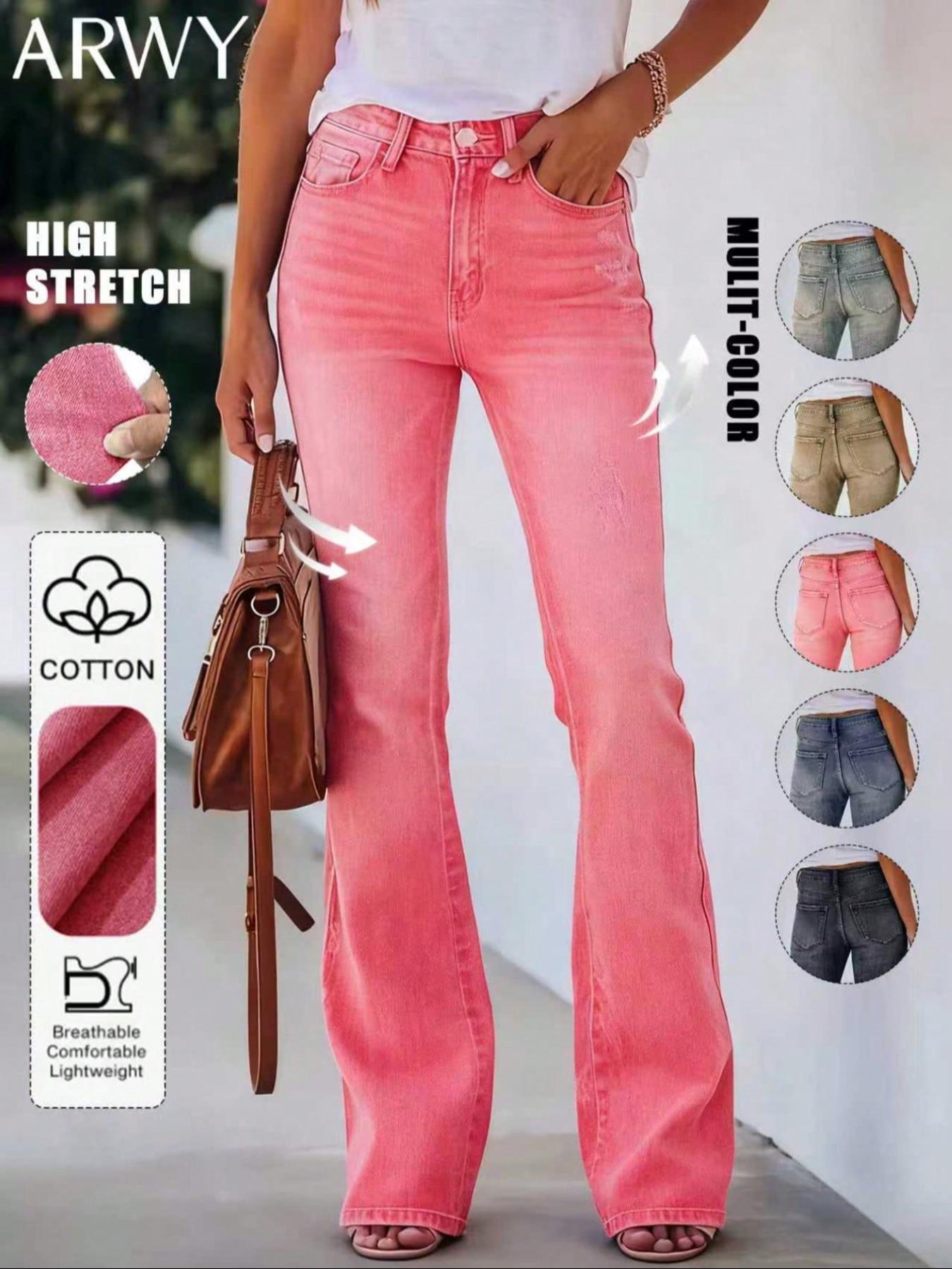 Women's Gradient-Color Slim-Fit Bootcut Jeans with Button, Fashion Mid-Rise Stretchy Washed Denim Pants, Bohemian Style for All Seasons