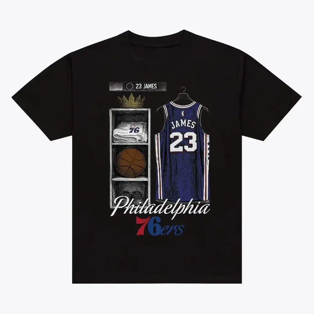 LeBron James 76ers Locker Room Graphic T-Shirt, Basketball Legend Inspired Vintage Tee, Philadelphia Sports Streetwear Shirt, Retro Athletic Style Short Sleeve Top, Casual Fan Gift