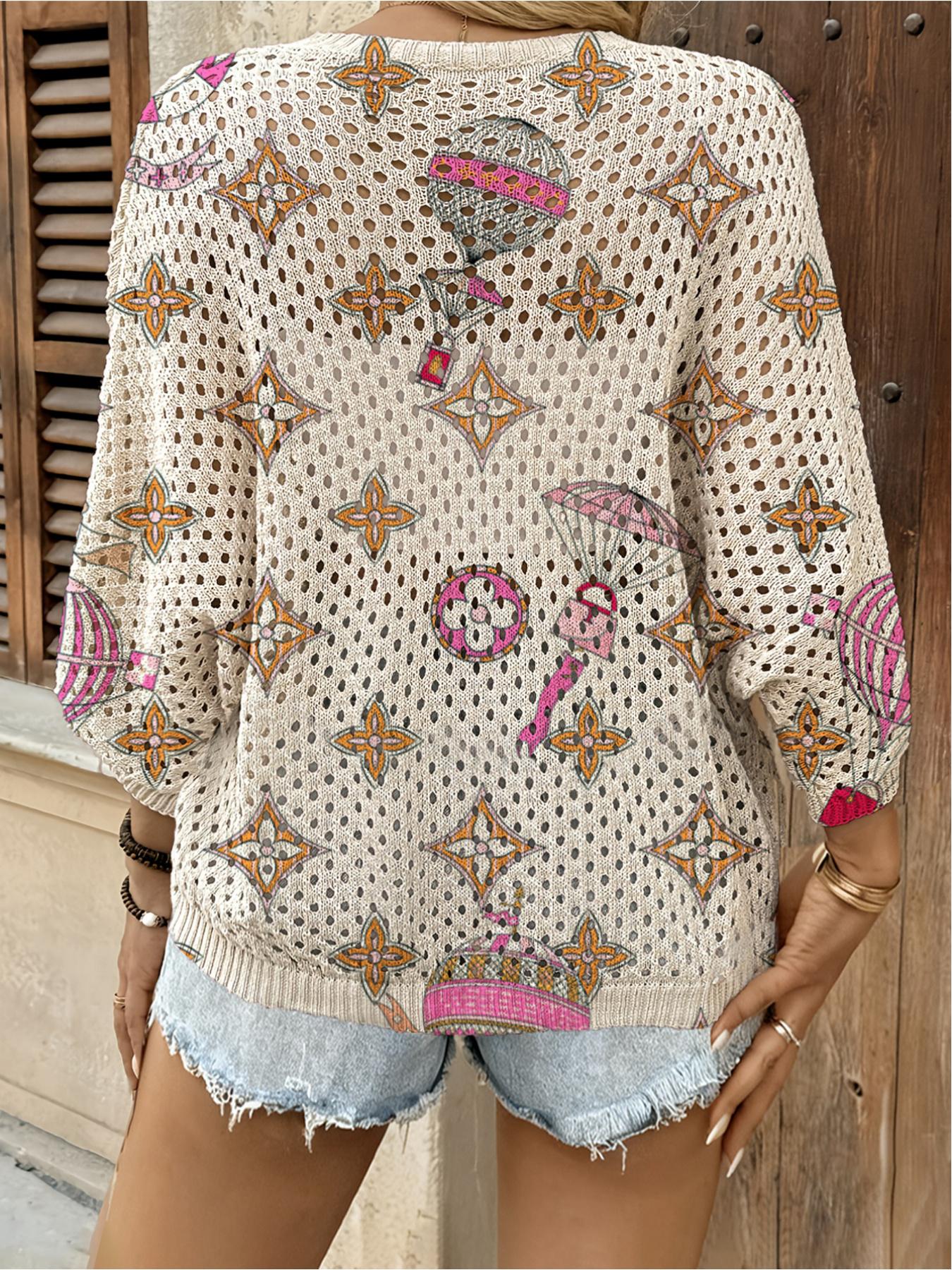 Spring and Summer collection, Lightweight Knit Sweater, round-neck open-front loose batwing shoulder sleeve pullover, color-block geometric print women's knit top, beachy style, casual elegant for work, pullover