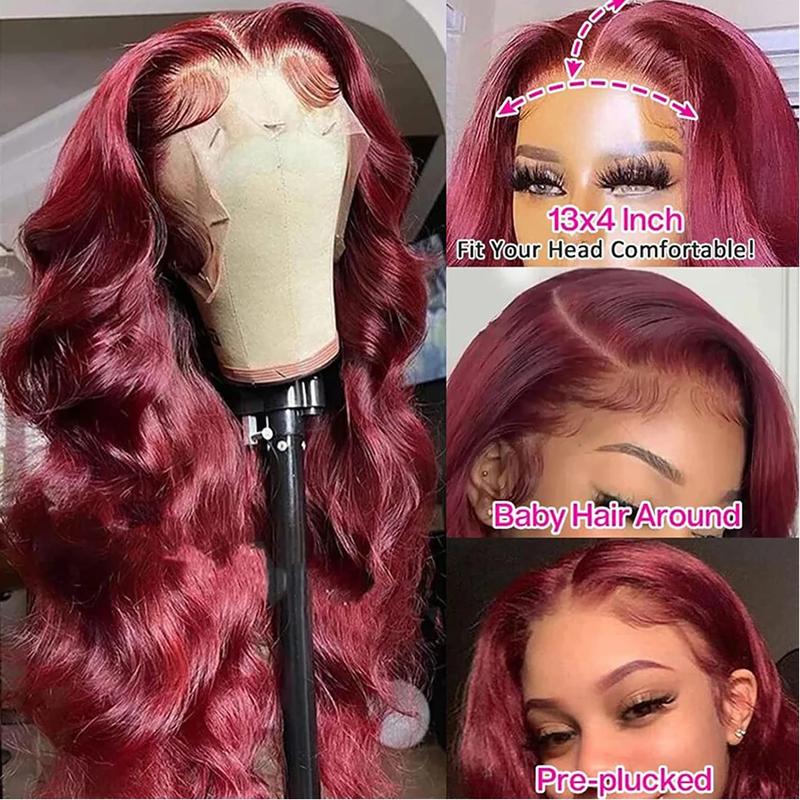 99J Burgundy 13x6 Human Hair Lace Frontal Wig Real Human Hair Body Wave Colored 13x4 Hd Transparent Lace Wig Natural Hairline For Women