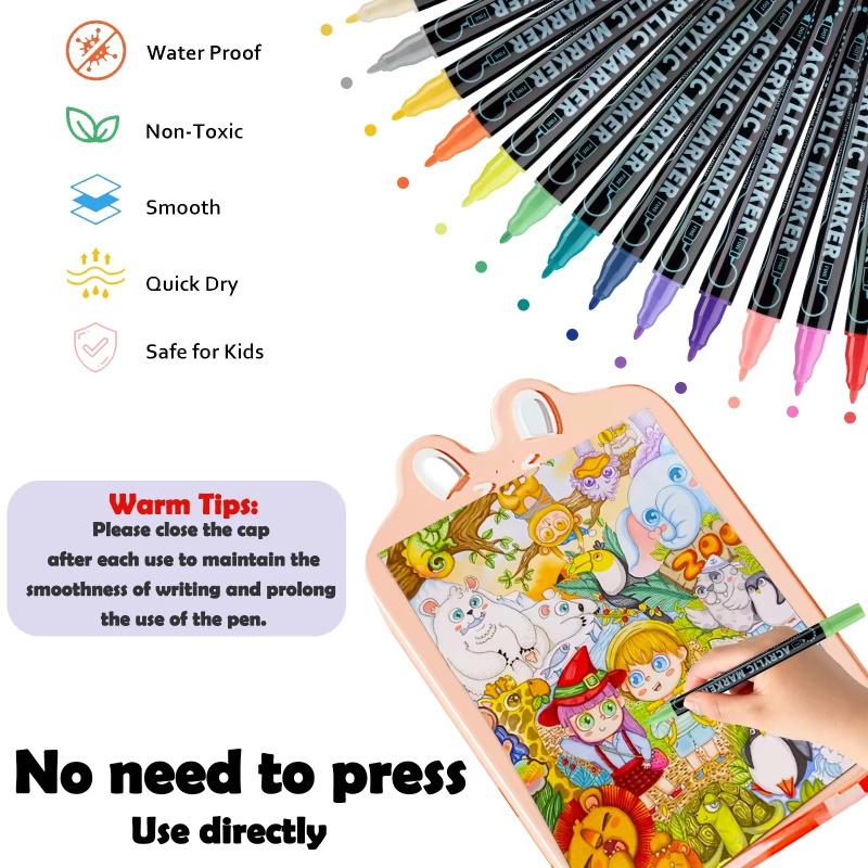 Waterproof Dual Tip Acrylic Paint Pens, Dot & Fine Tip Premium Coloring Drawing Markers Set for Wood, Rock Painting, Canvas, Glass, Ceramic Surfaces and DIY Crafts Making Art Supplies