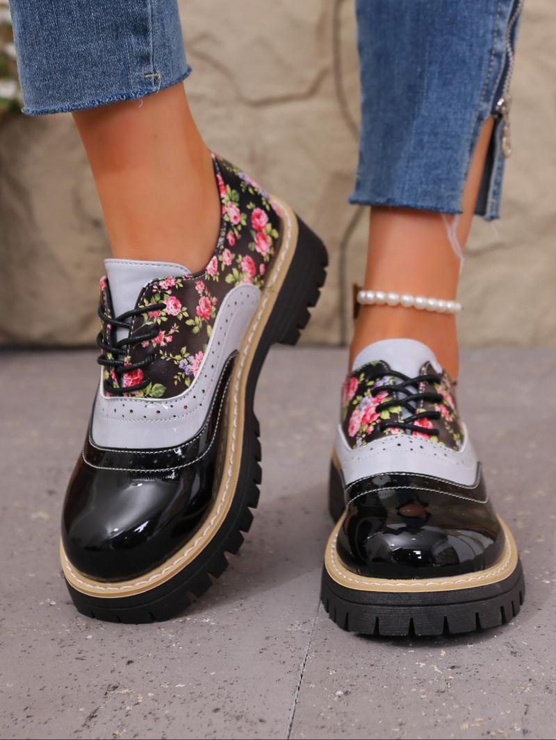 Women's Floral Patchwork Chunky Heel Platform Shoes, Adjustable Buckle Design, Casual PU Leather Sneakers for Daily Wear & Office