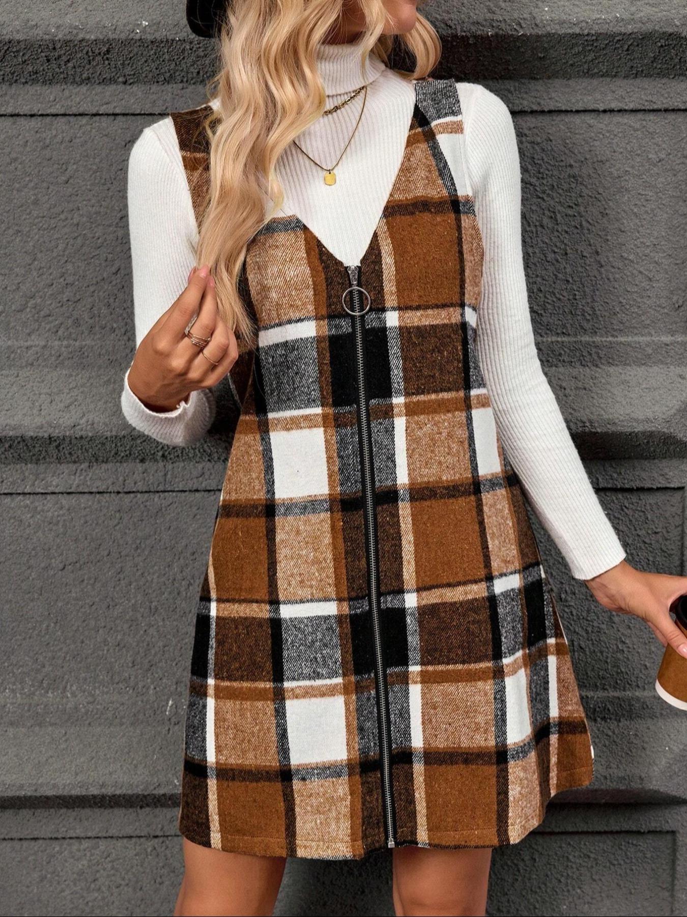 Women's Plaid V-Neck Zipper Sleeveless Dress, Fall Winter Fashion, Casual Style, Perfect for Daily Wear and Special Occasions