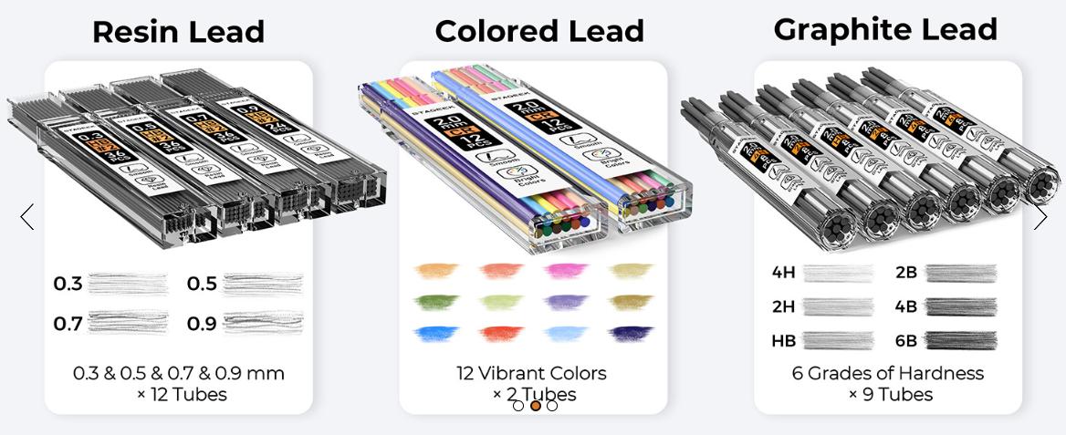 STAGEEK 6 Pack Art Mechanical Pencil Set, Drafting Pencil,3Pack Metal Drafting Pencil 0.5 mm & 0.7 mm & 0.9 mm & 3Pack 2mm Graphite Lead Holder (2B HB 2H)  with 492PCS Leads (6B 4B 2B HB 2H 4H Color)For Writing, Sketching Drawing With Lead Refills Case
