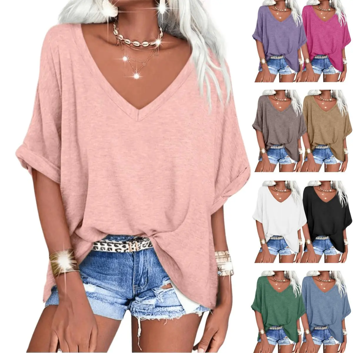 Imily Bela Women's Oversized T Shirts V Neck Short Sleeve Summer Casual Loose Tops Tees Tshirt Elastic Basic Womenswear Jacket Skirt
