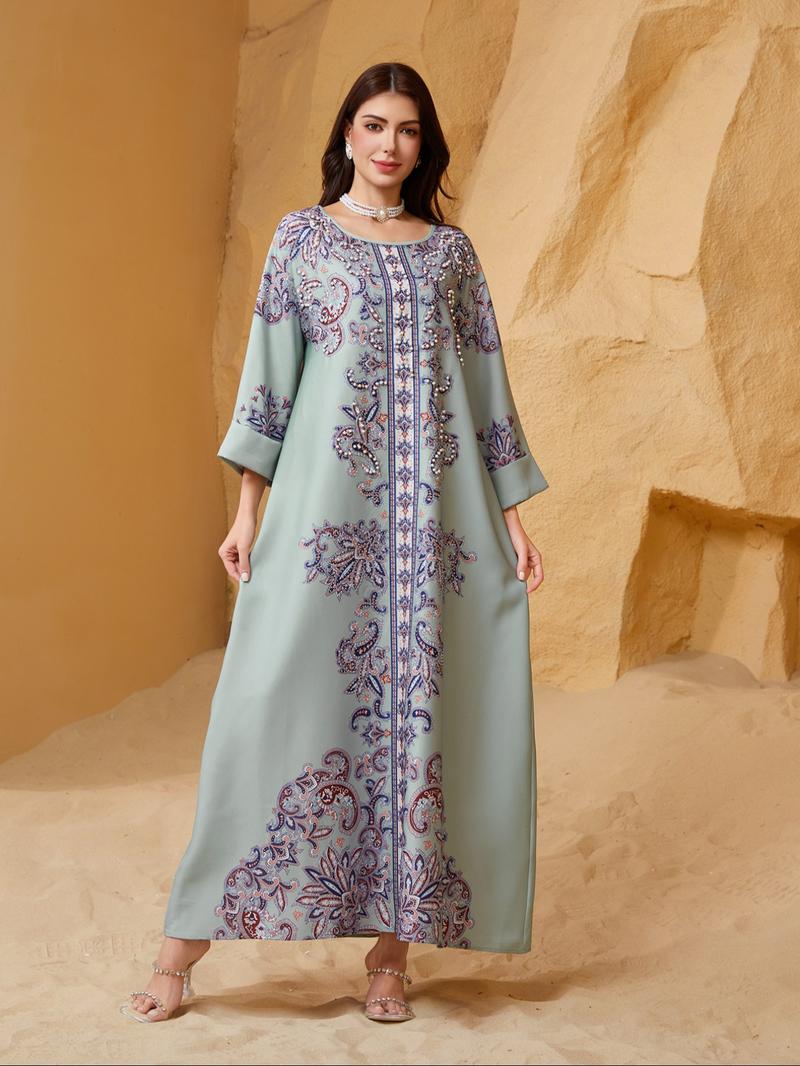Women's Ethnic Pattern Faux Pearl Decor Long Dress, Boho Long Sleeve Round Neck Dress for Vacation Holiday Wedding Guest, Ladies Islamic Clothing for All Seasons
