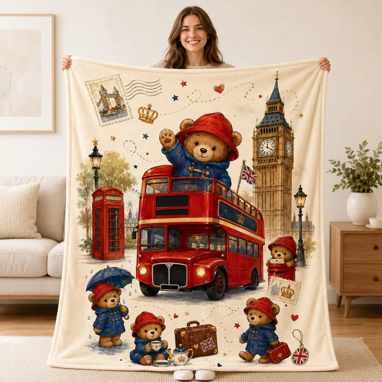 Paddington Bear Blanket, London Red Bus Big Ben Flannel Throw, British Adventure Vintage Cartoon Blanket for Couch Bed, Gift for Paddington Fans