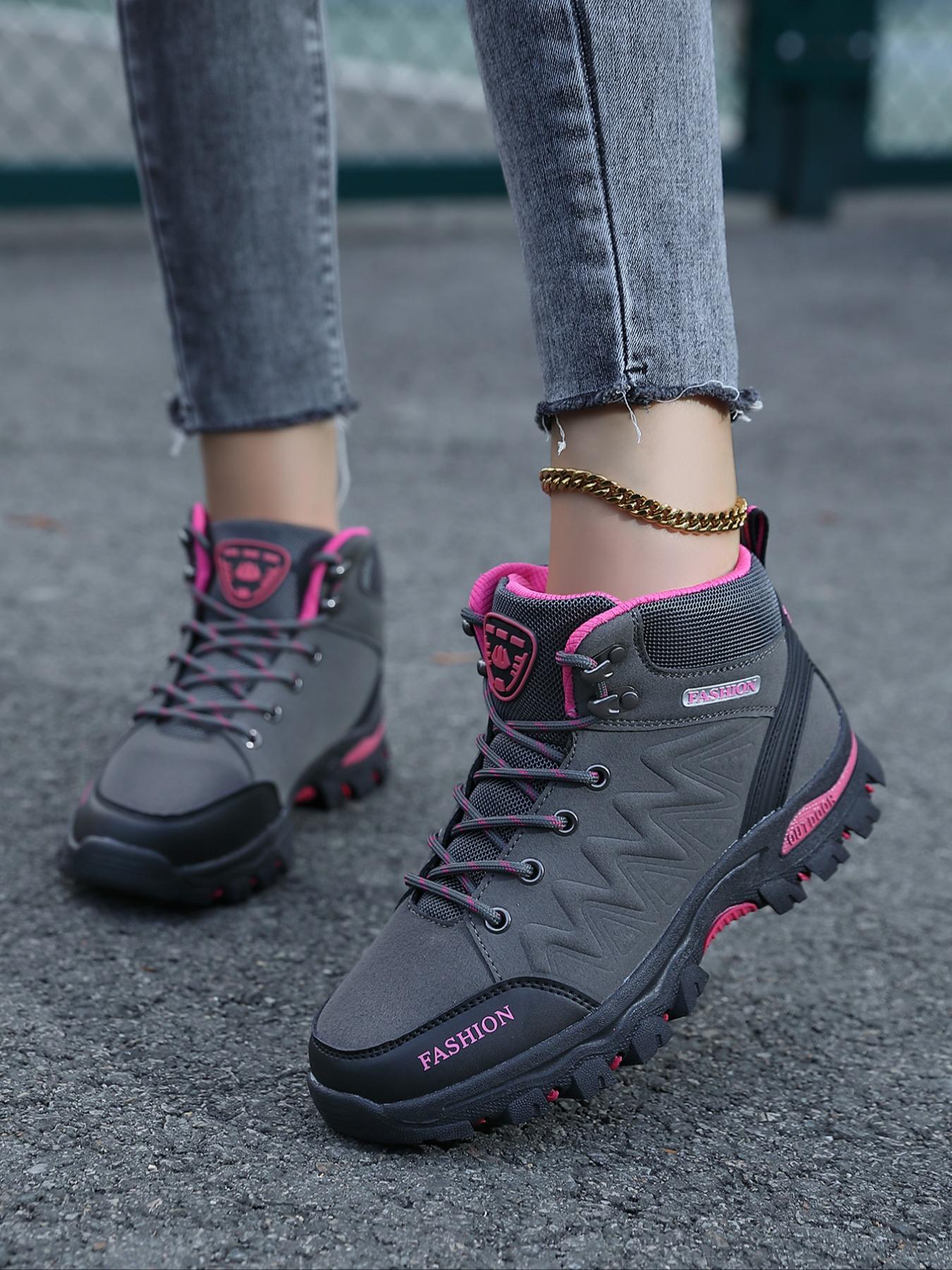 Stylish high-top hiking shoes designed for women, featuring windproof and waterproof performance, sturdy and long-lasting build, perfect for outdoor trekking activities as well as everyday casual outfits.
