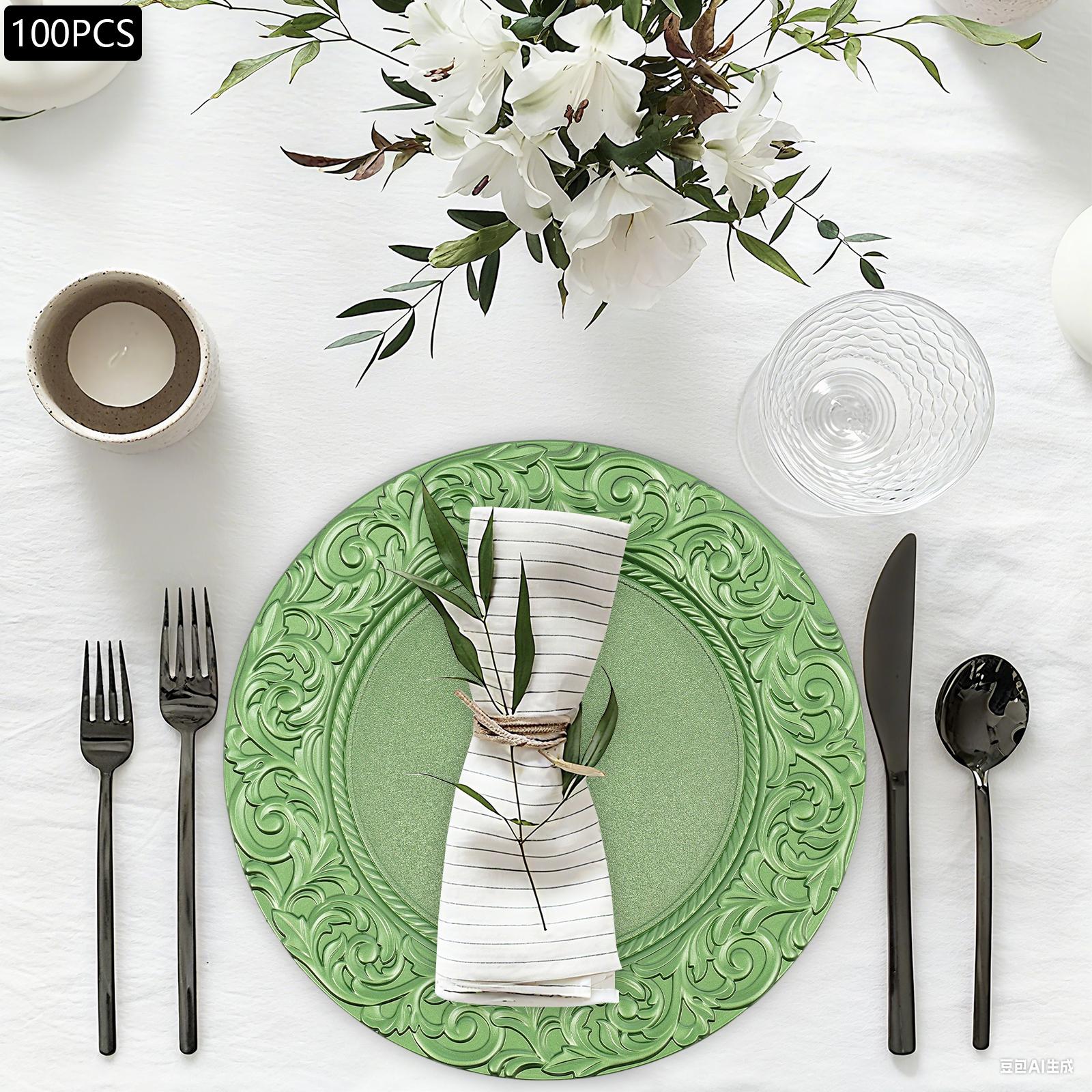 100 Pcs Gold/Sliver/Green/Black Charger Plates Set 13 Inch Round Plastic Serving Trays Reusable for Wedding Banquet Party Decorations 100 Pcs Gold/Sliver/Green/Black Charger Plates Set 13 Inch Round Plastic Serving Trays Reusable for Wedding Banquet Party Decorations