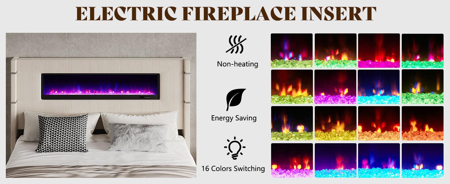 [Ships in 2 Boxes] VanAcc Modern Bed Frame with Electric Fireplace, Wingback Platform Bed Frame with 60.4“ Extra Tall Headboard, Corduroy Upholstered Bed Frame, Wooden Slats, No Box Spring Needed, Adjustable Color, Remote Control