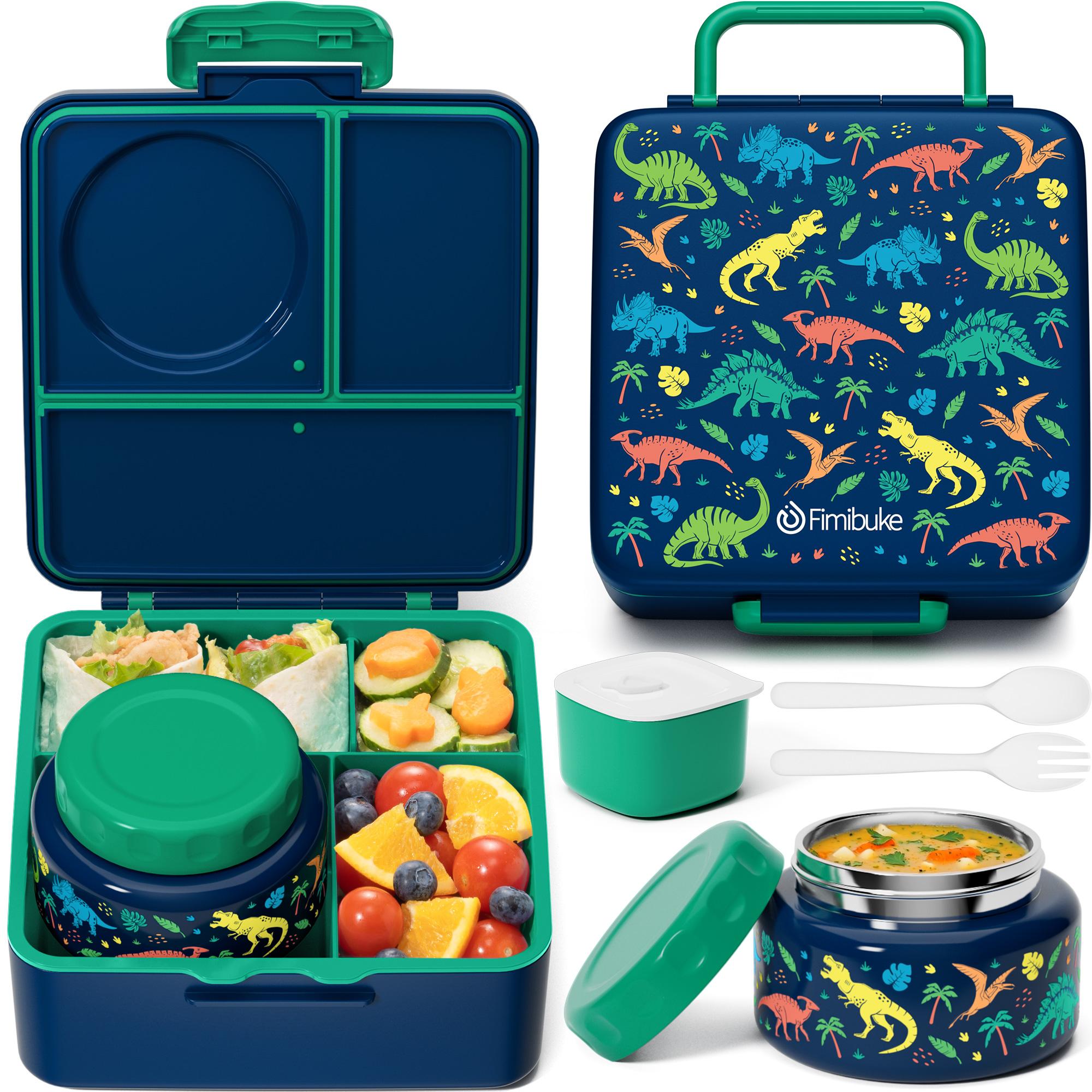 Fimibuke Bento Lunch Box , 3-4 Compartment 60OZ Toddler Lunch Box Container with Leakproof 8OZ Insulated Food Jar, Sauce Jar, Utensil for School, BPA-Free Dishwasher Safe,Funny Patterns,Back to school gift