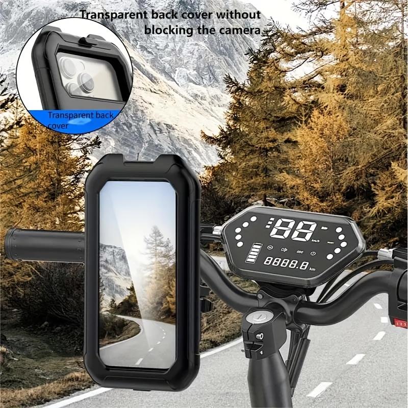1 piece set of ABS material rotatable phone holder, suitable for bicycles and motorcycles; Fully enclosed waterproof, rainproof and shockproof design, with a touch screen protective shell, stable shock absorption, and reserved charging port; Compatible wi