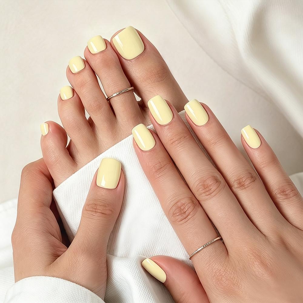 [ Butter Yellow ] ELLIE YOUNG Press On Toe Nails, Short Square Waterproof Reusable Toenails with Glue Kit, 32PCS in 16 Sizes for Summer, Beach & Daily Wear