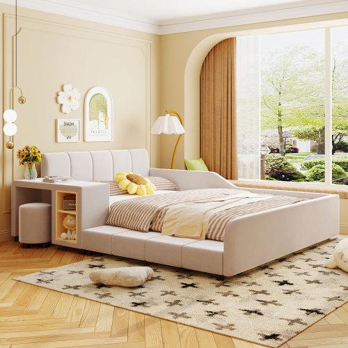 Bellemave Full/Queen Size Upholstered Platform Bed with Twin Trundle & 2 Storage Drawers Linen Fabric Wood Slat Light Beige Elegant Design for Mother & Child