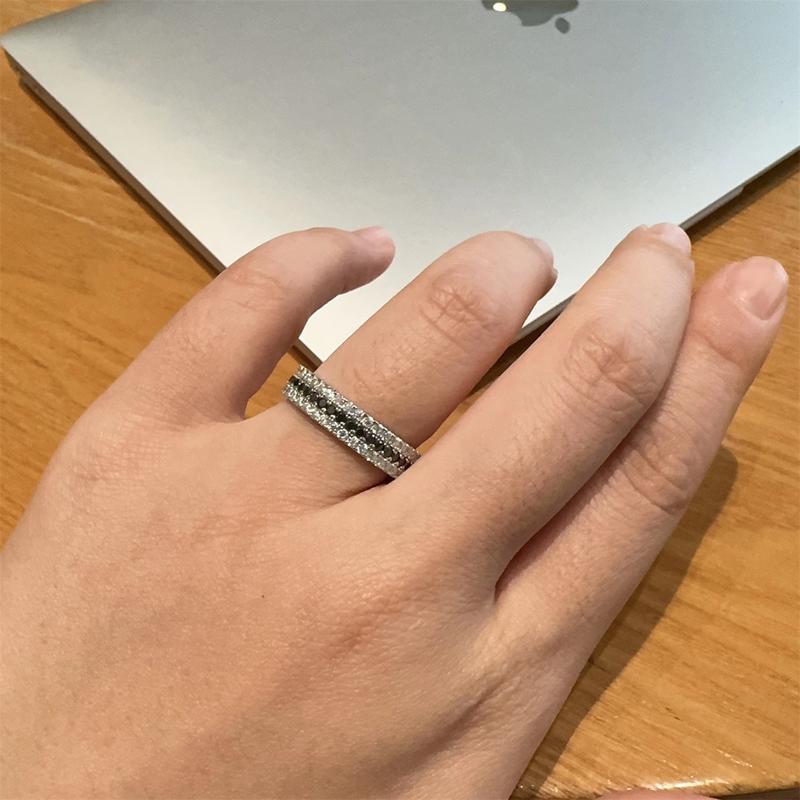 Delzzad Handmade Pave Ring Band Black and White Synthetic Moissanite S925 Christmas Gift