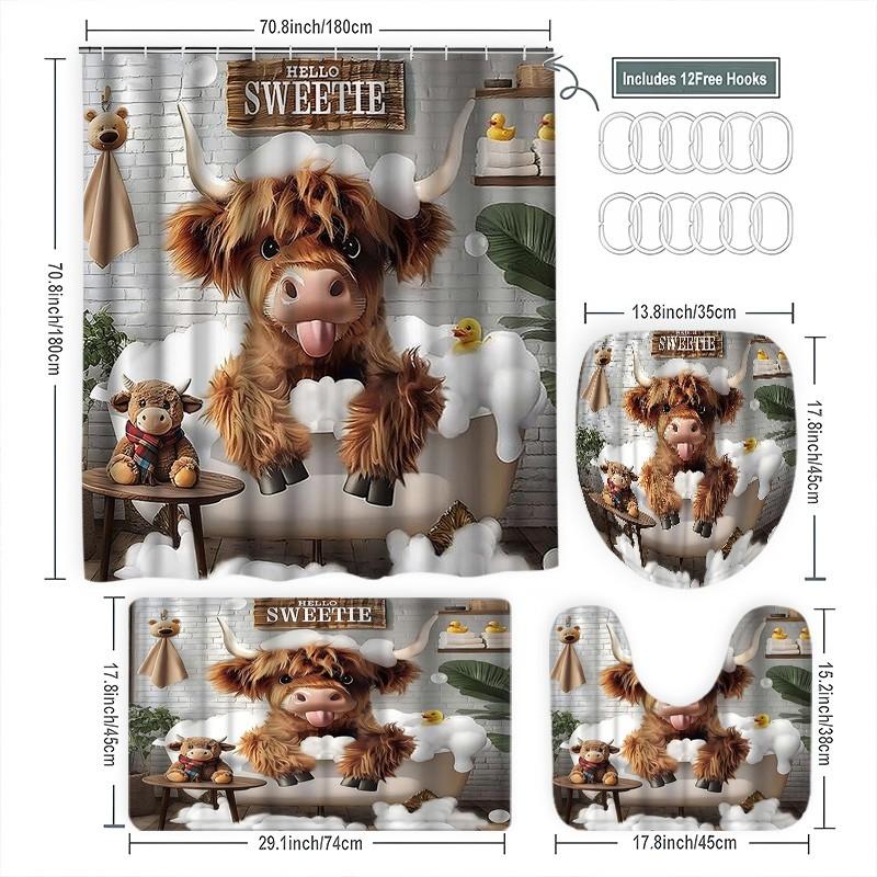 Cute Highland Cow Bubble Bath Bathroom Set, 4-Piece Shower Curtain Set, Home Bathroom Decor, Includes Mat, Toilet Cover, U-Shaped Pad
