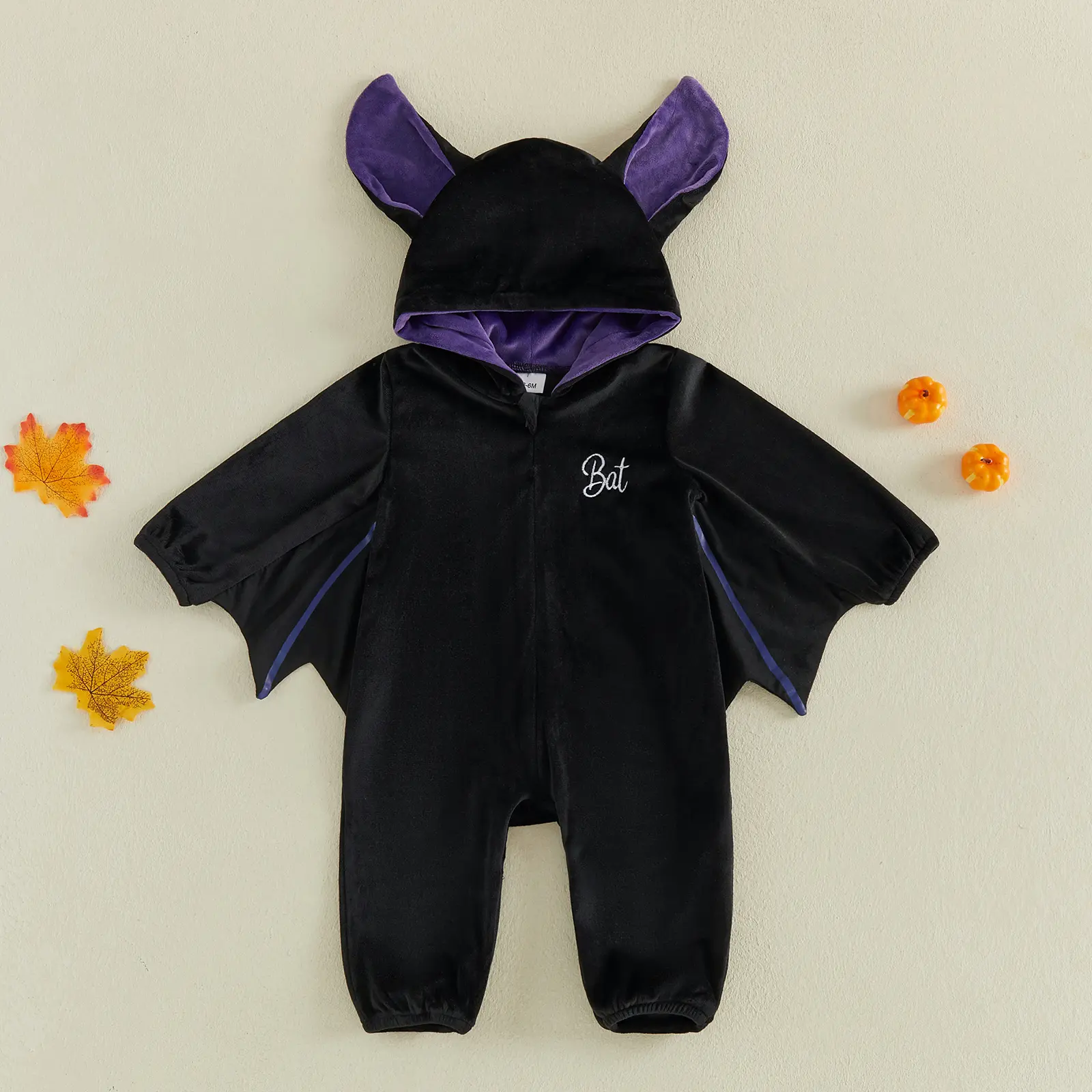 Meihuida Baby Boy Girl Bat Halloween Costume Hooded Velvet Onesie Full Zip Long Jumpsuit with 3D Bat Ears and Wing Design Infant Unisex Animal Cosplay Outfit