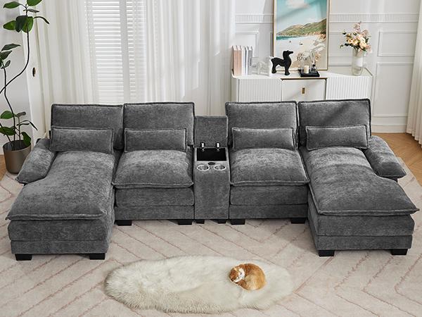 125'' U Shaped Cloud Modular Sectional Sofa with Chaise Lounges, Chenille Upholstered Comfy Couch with Storage Console, USB Charging Ports & Cup Holders, Modern Deep Seat Sofa for Living Room, Beige