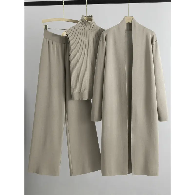 Spring and Autumn Fashion Knitted Set for Women: Long Shawl Cardigan + High-Neck Vest + Wide-Leg Pants (Three-Piece Set)