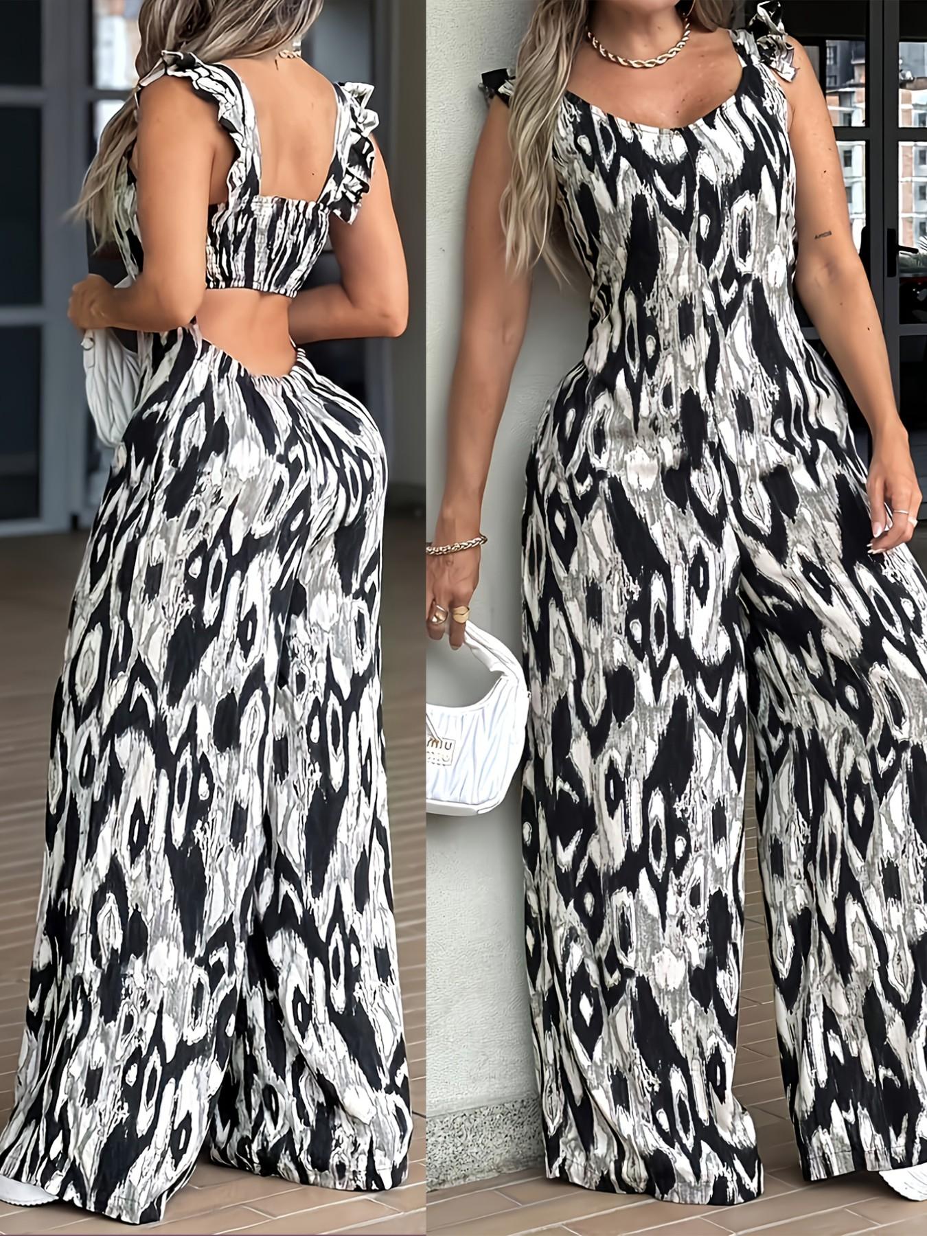 New Women's Romper Dress Jumpsuit, Strapless Romper Wide Shoulder Straps Flared Leg Casual Vacation Style Slimming One-Piece