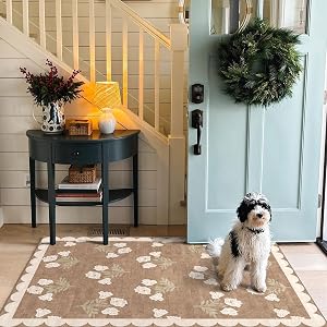 Front Door Mat Outside Entrance - 2x3 Floral Non-Slip Washable Doormat Indoor Outdoor Mat Tan Neutral Farmhouse Scalloped Entry Rug Small Throw Rugs for Entryway Kitchen Front Porch Decor