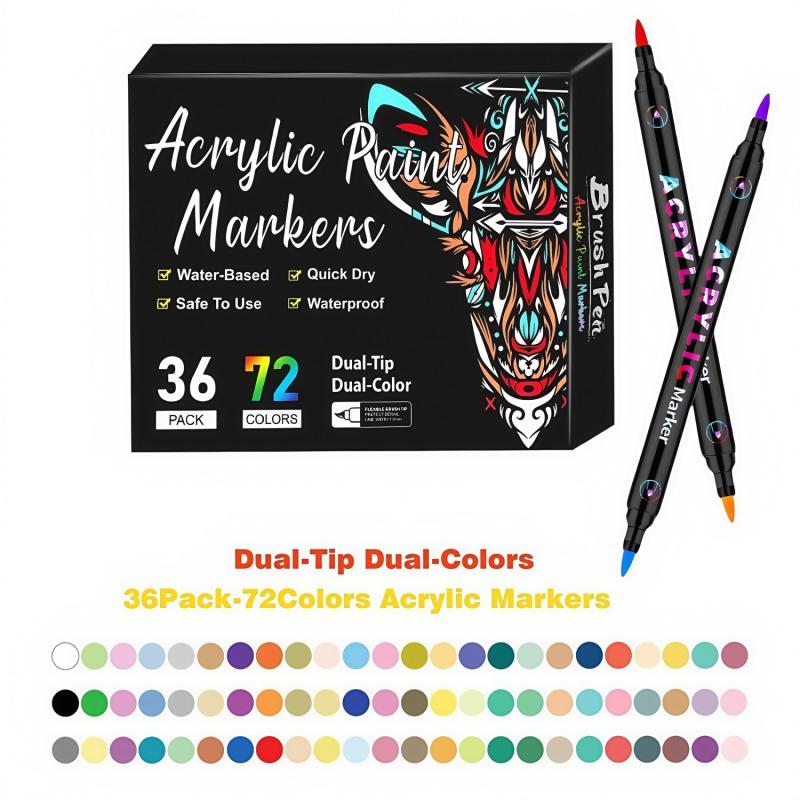 Acrylic Paint Markers Pens Set, Dual Tip Dual-Color Brush Tips Acrylic Paint Pens, Creative Coloring Markers, Acrylic Drawing Markers for Rocks, Wood, Canvas, Stone, Fabric, Plastic DIY Art Supplies Back to school