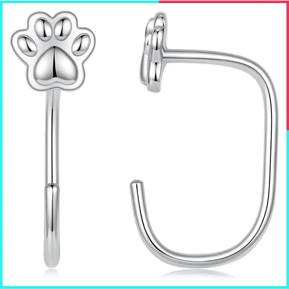 925 Sterling Silver Arc Hoop Backless Earrings for Women - Dainty Pawprint Heart Clover Sleeper Earrings, Y2K Cute Hypoallergenic All Day Wear