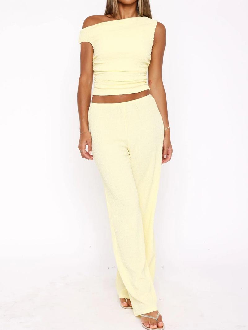 Women's High-Waisted Loose-Fitting Two-Piece Set, Casual Plain Design, Regular Fit Long Pants & Top Combo, Daily Wear
