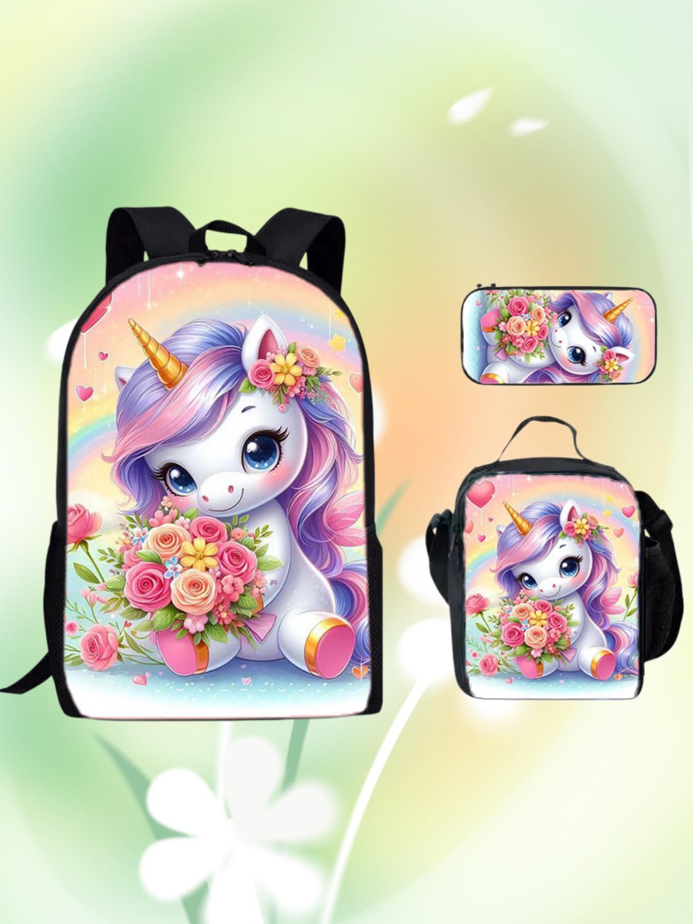 Cute Unicorn Backpack Set for Girls, Water Resistant Kids School Bag, Insulated Lunch Box & Pencil Case, Kawaii Cartoon Bookbag, Back to School Gift