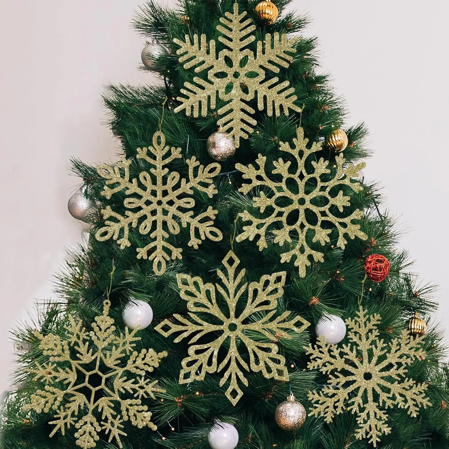 6 count Large  Snowflakes Christmas Ornaments- 12" Big Plastic Glitter  Snow Flakes for Christmas Tree Decorations Winter Indoor Outdoor Window  Decor Giant Craft Snowflakes