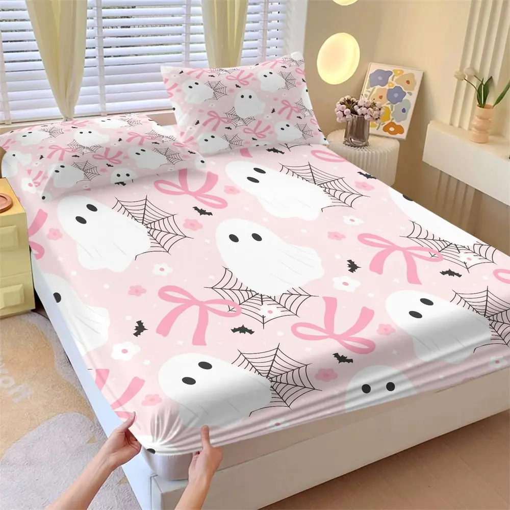 3Pcs Cute Pink Ghost Fitted Sheet Set, Aesthetic Spooky Halloween Bed Sheets Set, Soft Microfiber Bedding Set with Bows & Spiderweb Print for Girls Bedroom Decor No Fillers
