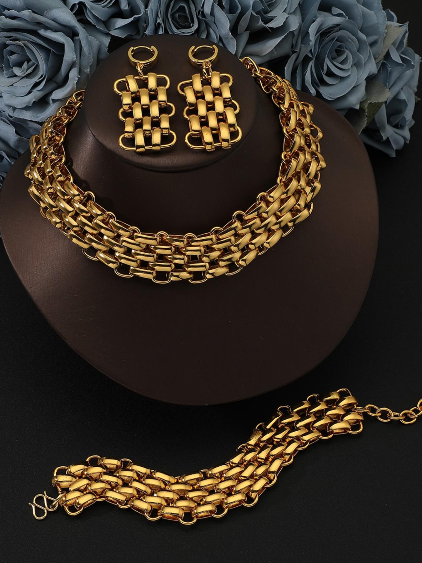 Cuban Chain Necklace Set, Earrings, Bracelet for Women, Elegant Jewelry for Parties, Weddings, Dubai Nigerian Bride Accessories