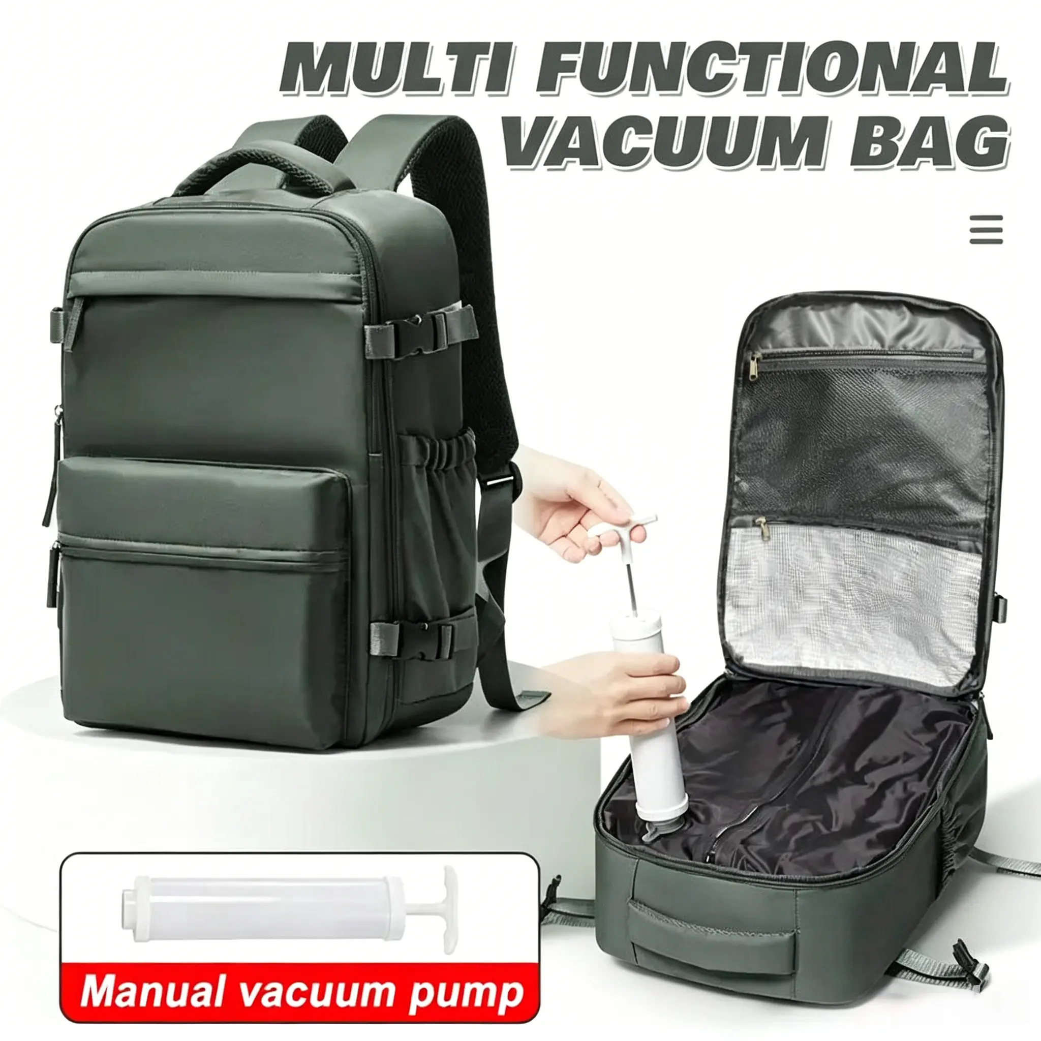 Back to School Vacuum Compression Backpack with Air Pump, Large Capacity Multi Compartment Travel Backpack, Personal Item Carry On Bag for College Students, Campus, Dorm, Weekend Trips and Air Travel