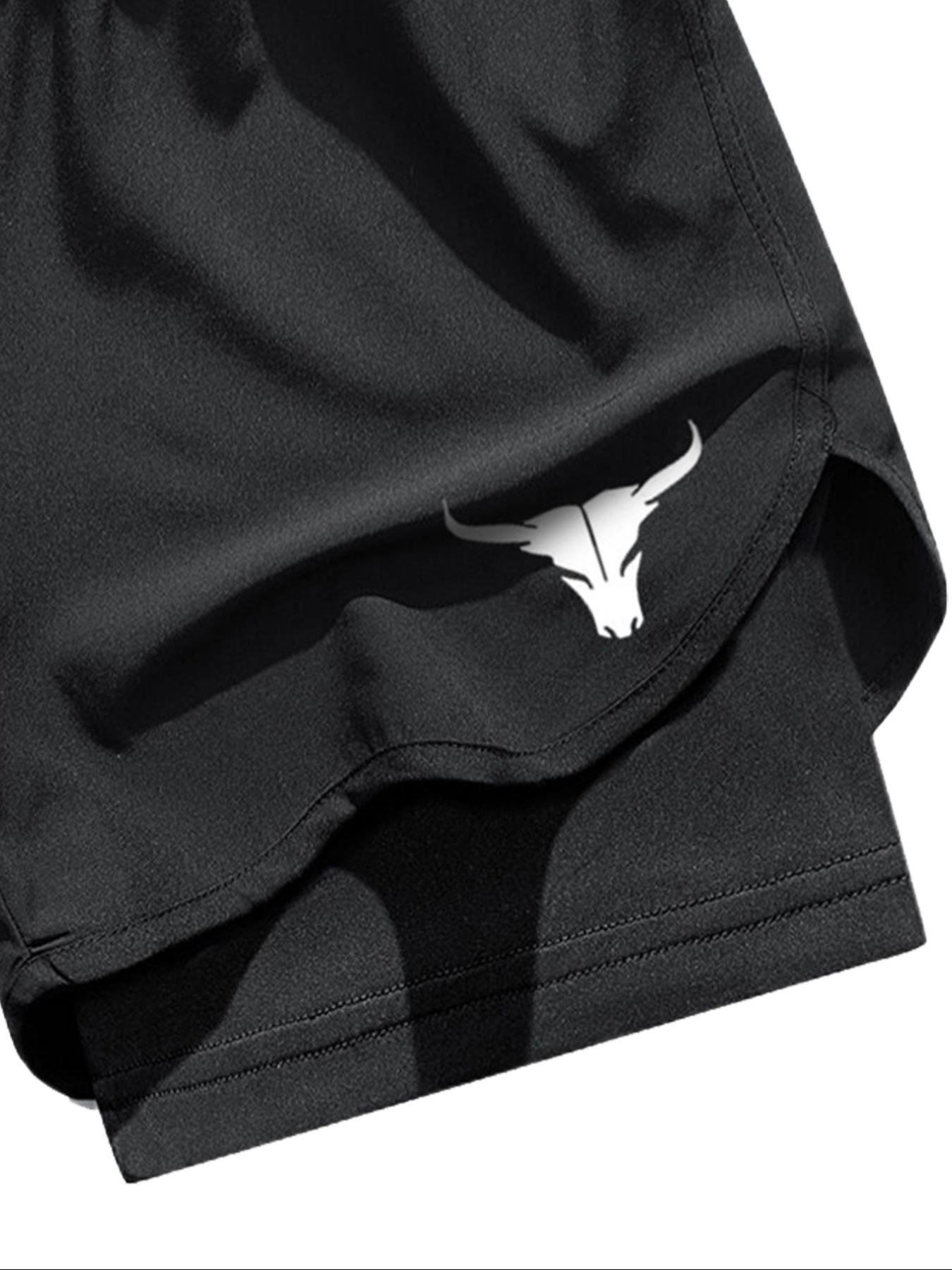Men's Letter & Bull Head Print 2 in 1 Double Layer Drawstring Waist Gym Shorts, Regular Fit Casual Comfortable Breathable Quick Drying Anti Exposure Pocket Shorts for Gym Workout Running, Men's Bottoms for Summer SpringStatements