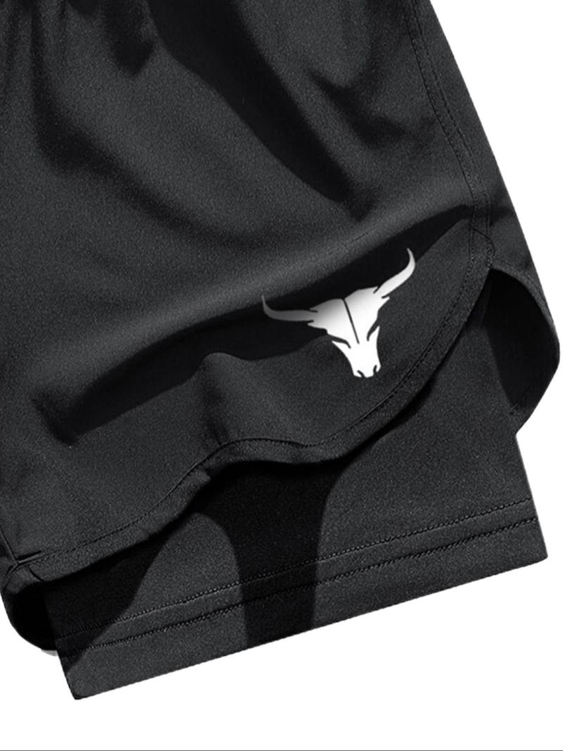 Men's Letter & Bull Head Print 2 in 1 Double Layer Drawstring Waist Gym Shorts, Regular Fit Casual Comfortable Breathable Quick Drying Anti Exposure Pocket Shorts for Gym Workout Running, Men's Bottoms for Summer