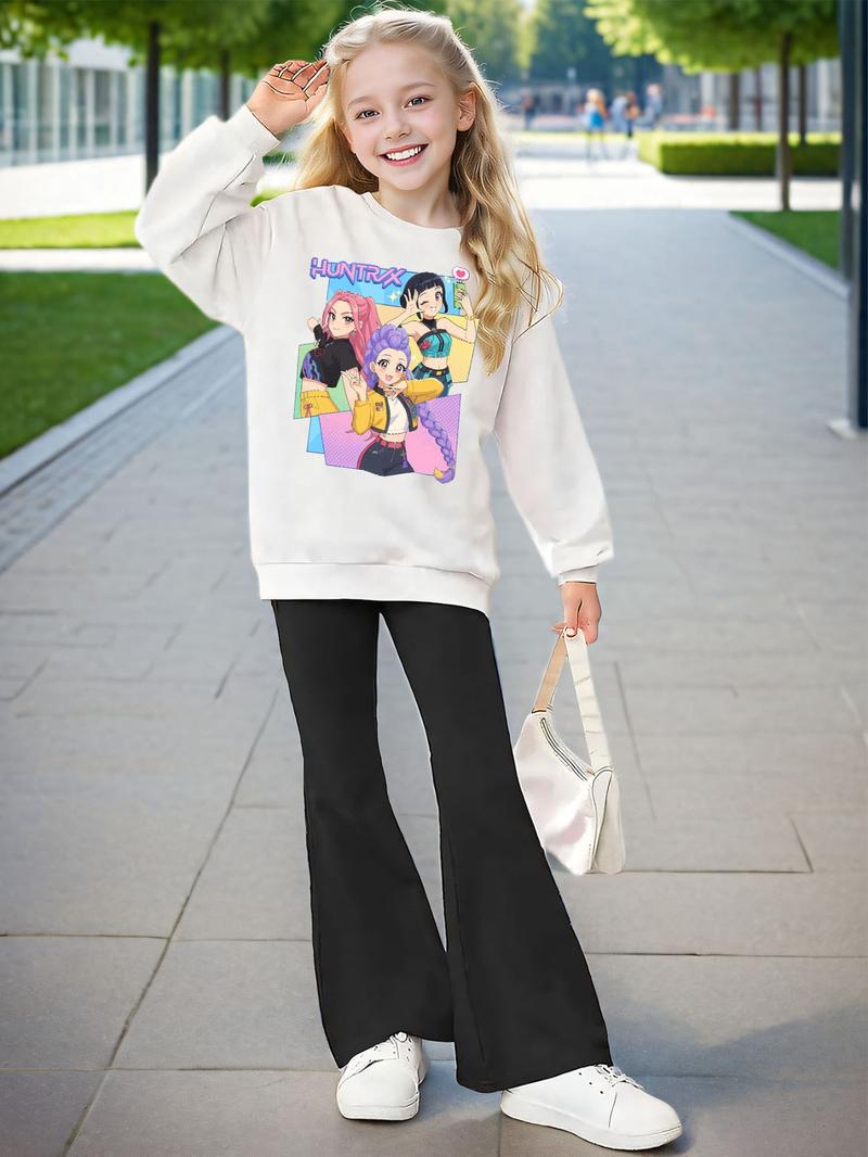 Women's Graphic Print Sweatshirt & Leggings Set, Casual Fitted Elastic Fabric for Spring Fall Outdoor Indoor Activities