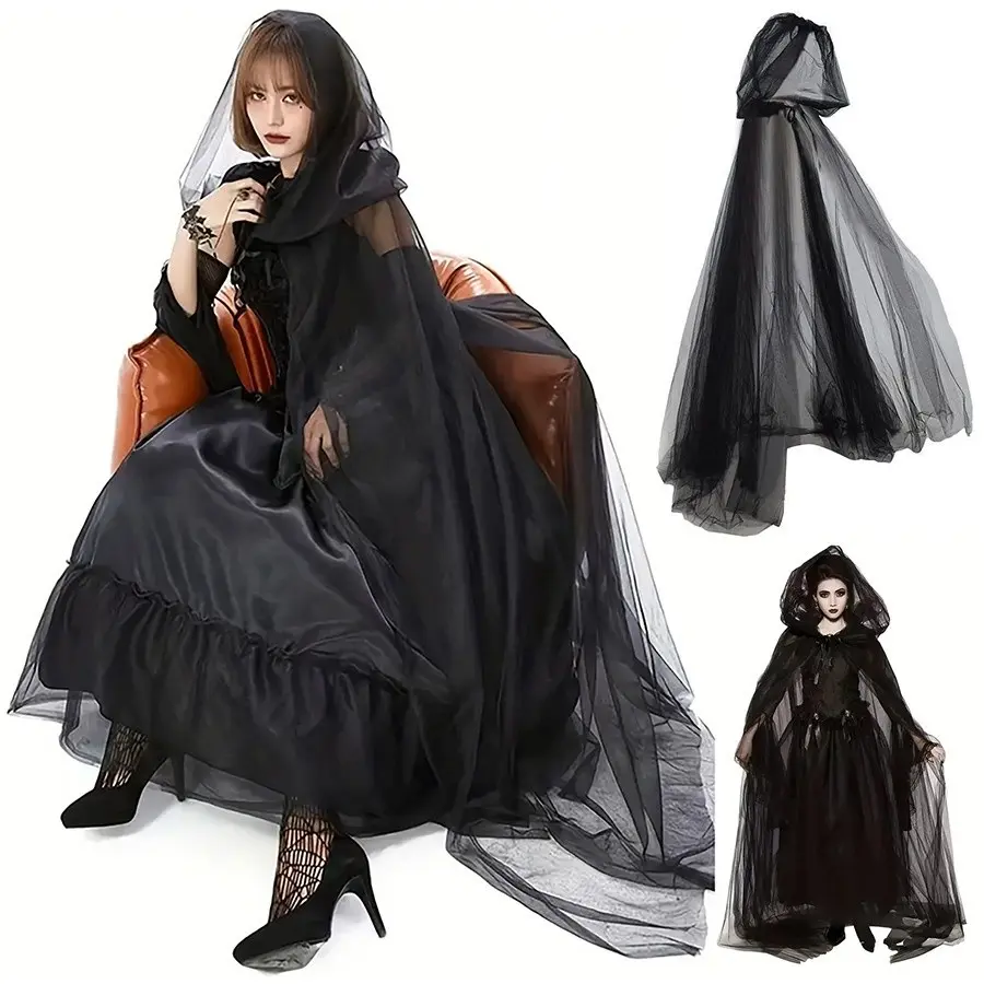 Halloween Hooded Mesh Witch Death God Cape, Vampire Cloak Cosplay Costume, Role Play Halloween Dress Up, Christmas Party