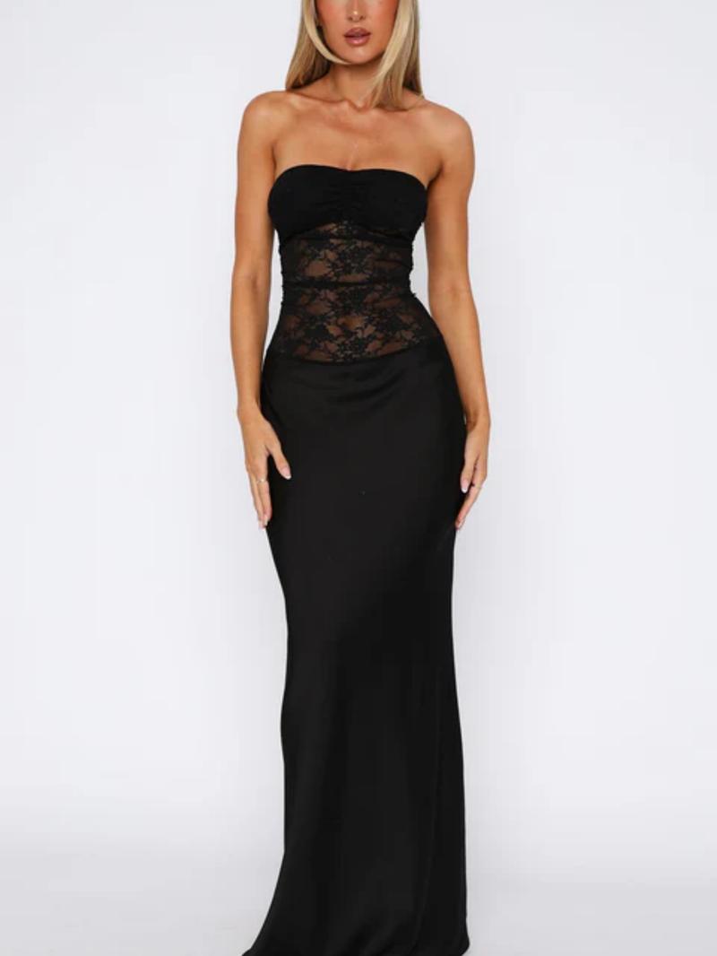 Women's Plain Contrast Lace  Tube Dress, Elegant Strapless Evening Party Gown, Ladies Summer Clothes