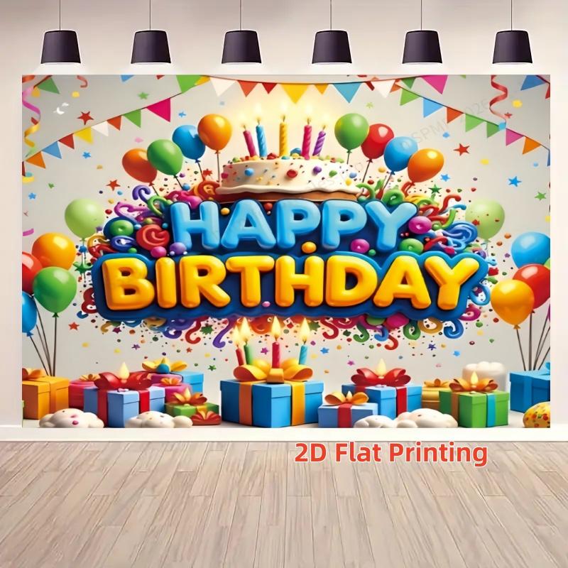 1 piece of happy birthday theme background cloth 2D flat balloon cake colorful design, children's birthday party, adult banquet decoration, family celebration background, festival decoration party atmosphere decoration supplies