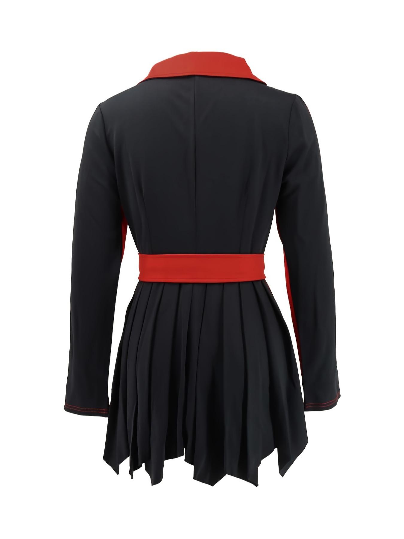 Women's Colorblock Double Button Plicated Belted Blazer Dress, Elegant Lapel Neck Long Sleeve Short Dress for Fall & Winter, Women's Clothing for Daily Wear