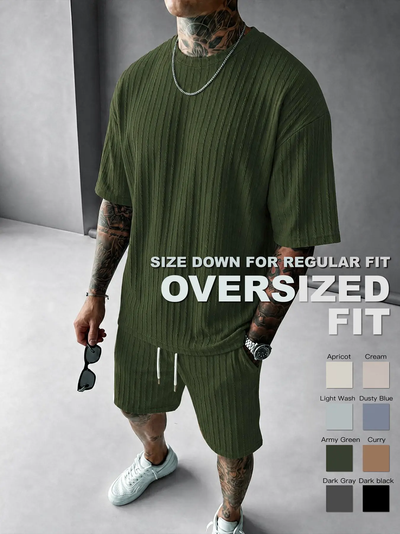 Men's Loose Fit Casual 2-Piece Summer Set, Oversized Textured Tee with Relaxed Fit Drawstring Shorts