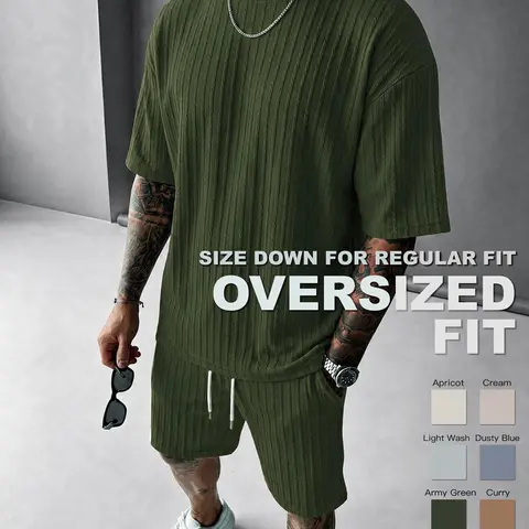 Men's Loose Fit 2-Piece Summer Set, Shorts Matching Set, Oversized Textured Tee with Relaxed Fit Drawstring Shorts #GLOBAL PICKS