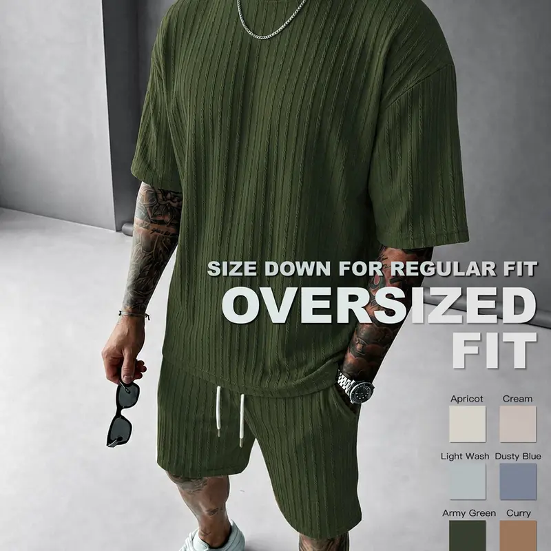 Men's Loose Fit 2-Piece Summer Set, Shorts Matching Set, Oversized Textured Tee with Relaxed Fit Drawstring Shorts #GLOBAL PICKS