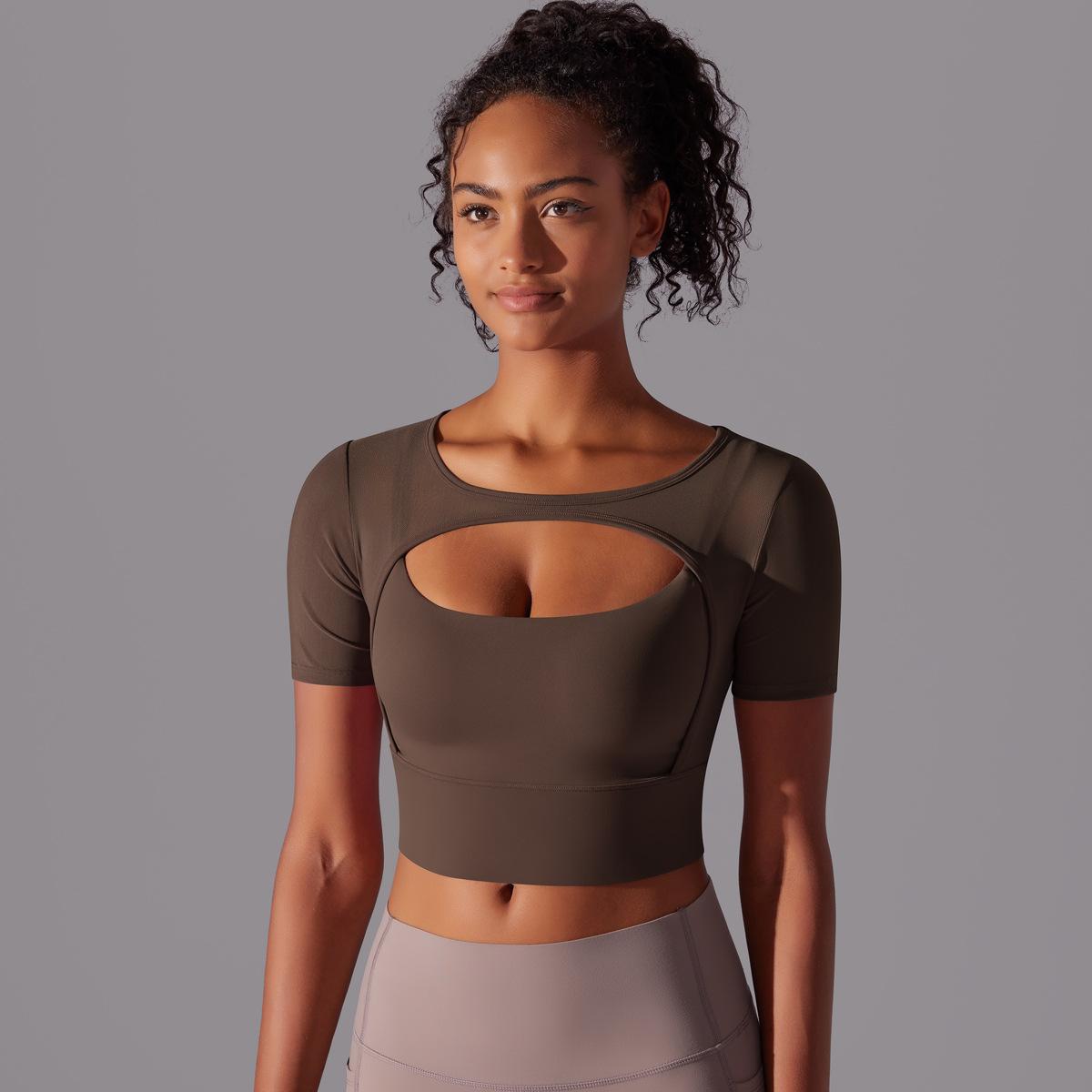 Classic Solid Color Mesh Stitching Double-Layer Short Sleeve Racerback Bra Top Women - Running, Fitness, Yoga Workout Top1123