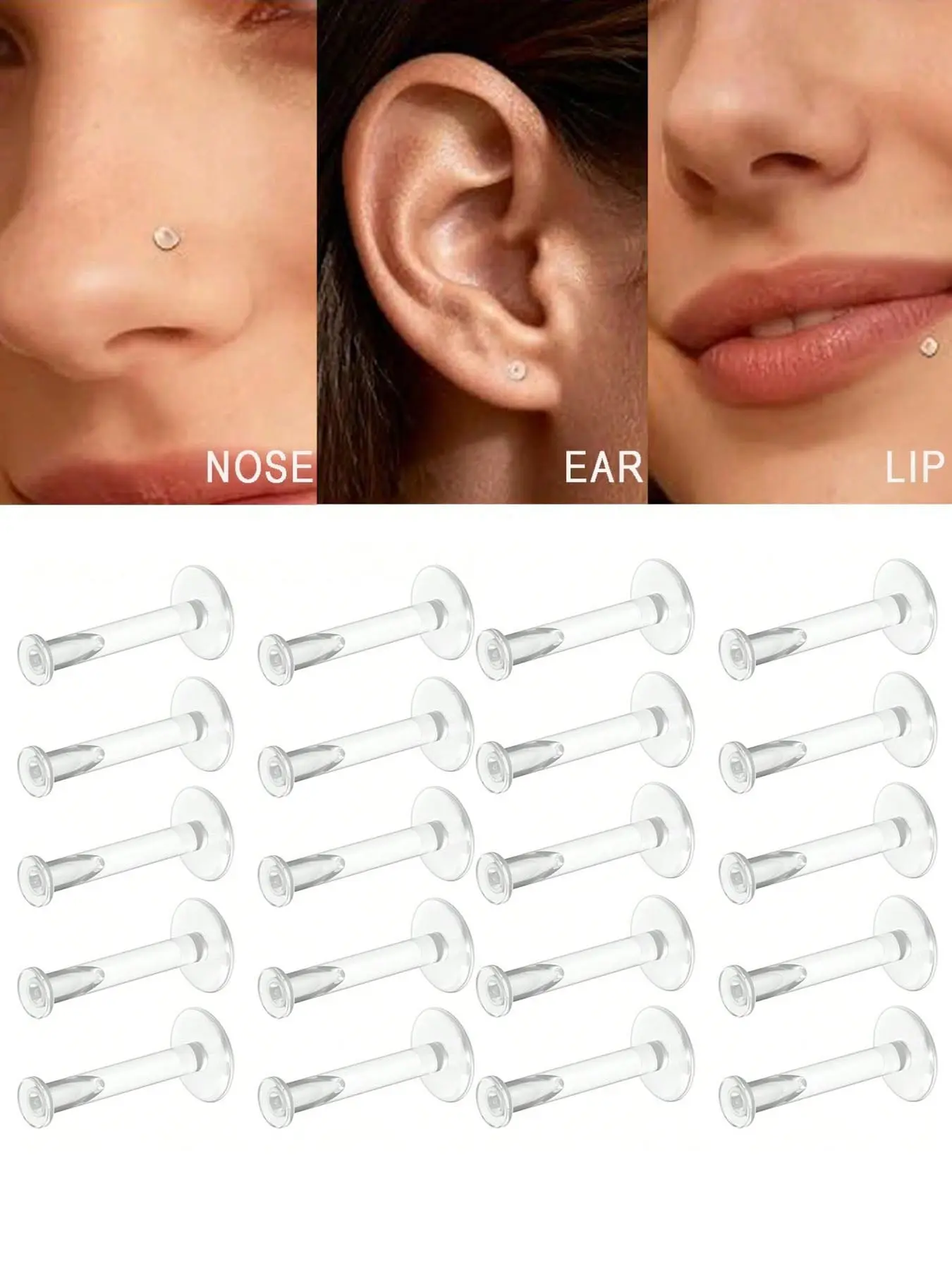 16/18G 20Pcs Hypoallergenic Bioflex Clear Earrings Piercing Retainer Set Graduation Gift Clear Flexible Nose Lip Labret Earrings Labret Tragus Retainers Piercing Jewelry 6-12mm